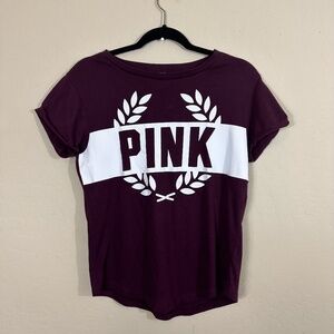 Victoria’s Secret PINK Short Sleeve Burgundy and White Striped Crew Neck T-Shirt
